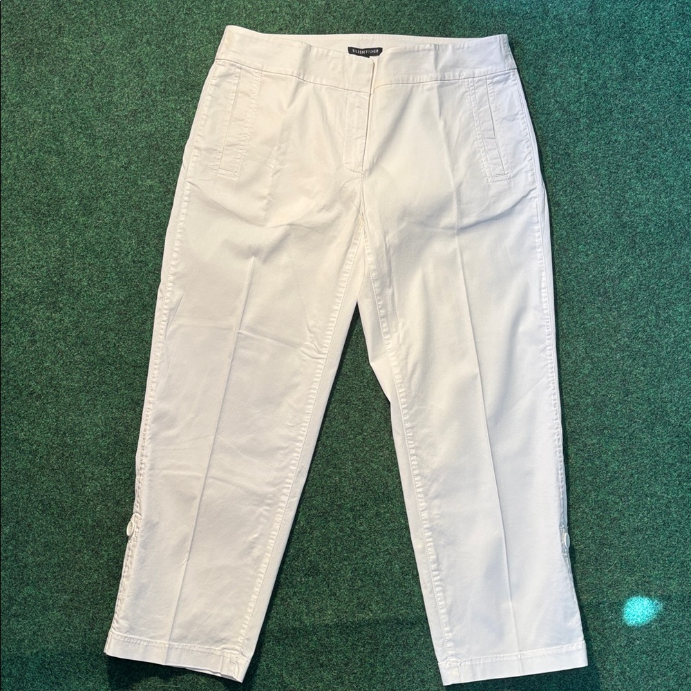 Eileen Fisher White Cotton Stretch Pants, Roll-up Cuffs, Sz Small, Pockets, NWOT